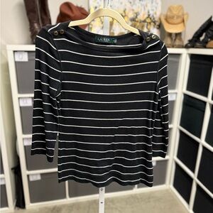 Lauren Ralph Lauren Black and White Striped Parisian Nautical 3/4 Sleeve Top